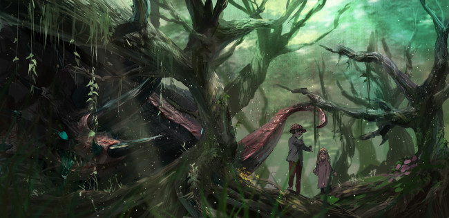 Обои картинки фото аниме, животные,  существа, арт, syo5, мальчик, девочка, дети, лес, деревья, монстр, природа