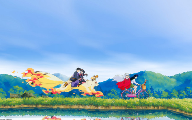 Обои картинки фото аниме, inuyasha, друзья, takahashi, rumiko, небо, shippou, арт, sango, miroku, kirara, higurashi, kagome