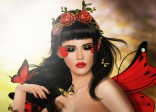 Картинка 3д+графика эльфы+ elves бабочки девушка брюнетка цветы волосы лицо