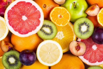Картинка еда фрукты +ягоды грейпфрут яблоки лимон сливы киви апельсины