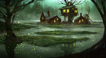 Картинка фэнтези пейзажи вода арт вечер сказка лес болото фантазия дом