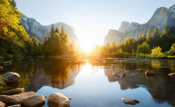 Картинка природа восходы закаты сша йосемити деревья камни горы осень утро озеро
