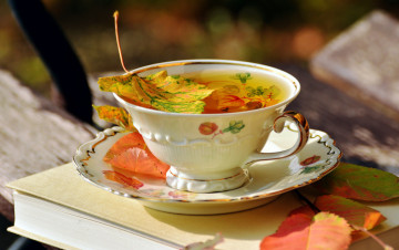 обоя еда, напитки,  Чай, осень, листья, блюдце, чашка