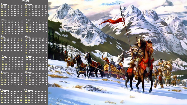 Обои картинки фото календари, фэнтези, люди, воин, оружие, конь, снег, гора, лошадь