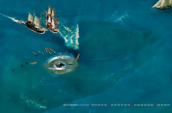 Картинка календари фэнтези 2019 calendar глаз кит водоем лодка парусник
