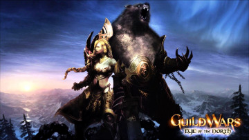 обоя видео игры, guild wars,  eye of the north, девушка, медведь, броня, горы, лес