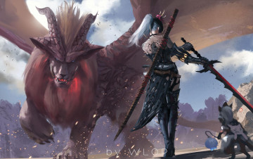 Картинка видео+игры monster+hunter+world девушка оружие монстр крылья