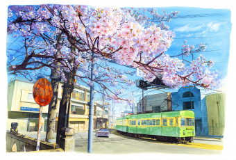 Картинка рисованное города город дома улица транспорт сакура