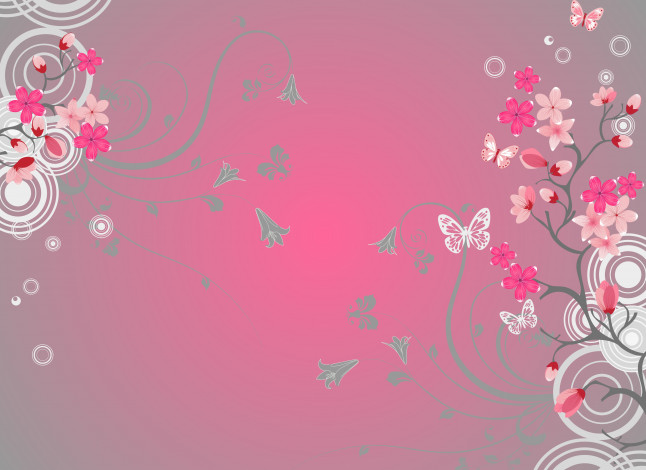 Обои картинки фото векторная графика, цветы , flowers, круги, цветы, бабочки