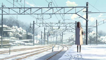 Картинка byousoku centimeter аниме рельсы девушка снег зима