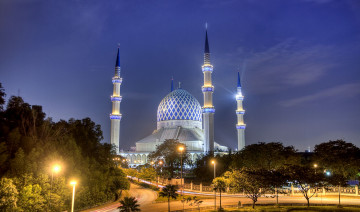 обоя малайзия, города, мечети, медресе, ночь, подсветка, минареты