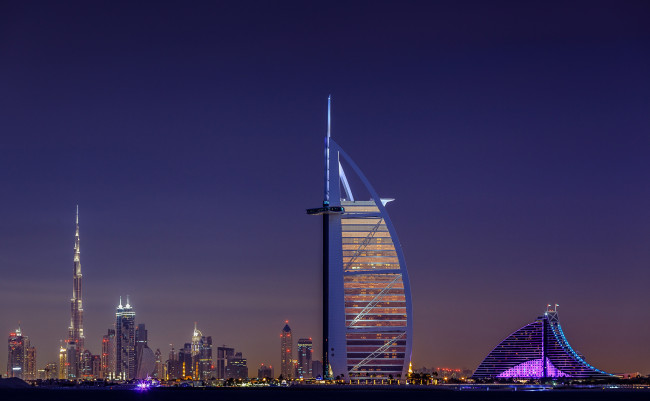 Обои картинки фото dubai, united, arab, emirates, города, дубаи, оаэ, burj, al, ночной, город, бурдж-эль-араб, арабская, башня