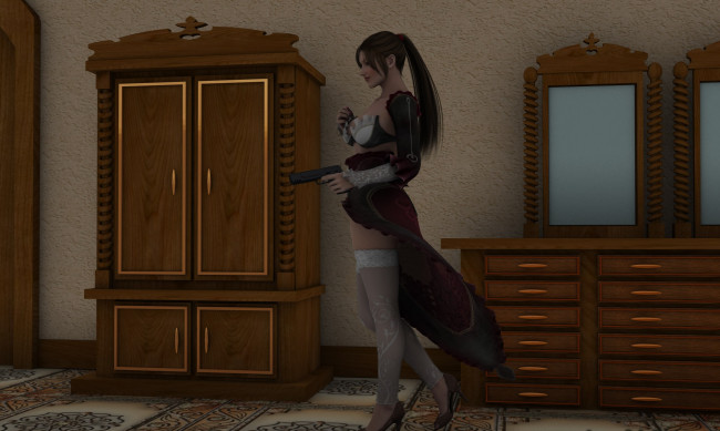 Обои картинки фото 3д графика, фантазия , fantasy, девушка, взгляд, оружие, тумба, шкаф