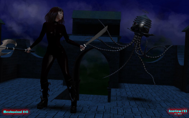 Обои картинки фото 3д графика, фантазия , fantasy, девушка, киборг, оружие, взгляд