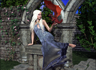 Картинка 3д+графика фантазия+ fantasy взгляд блондинка цветы дракон девушка фон
