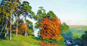 обоя начало осени, рисованное, андрей герасимов, река, деревья, осень, склон, роща