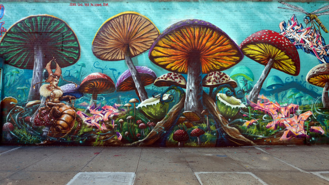 Обои картинки фото разное, граффити, грибы, рисунок, стена, существа