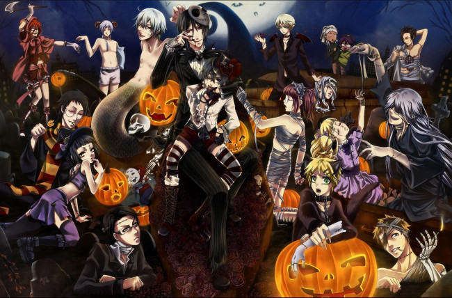 Обои картинки фото аниме, kuroshitsuji, хеллоуин, бинты, мумия, арт, праздник, тыквы, halloween, луна, ночь, череп, темный, дворецкий