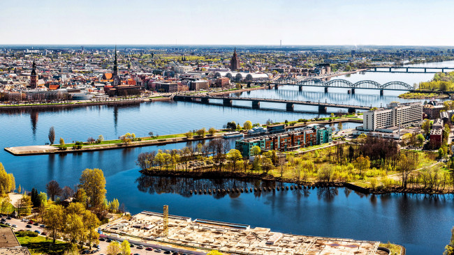 Обои картинки фото города, рига , латвия, река, мосты, панорама