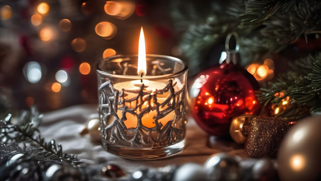 Обои картинки фото праздничные, новогодние свечи, шарик, свеча, огонек, подсвечник
