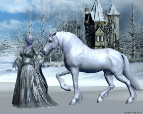 Картинка 3д графика fantasy фантазия эдинорог девушка зима