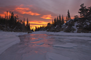 Картинка природа реки озера зима деревья закат лёд озеро