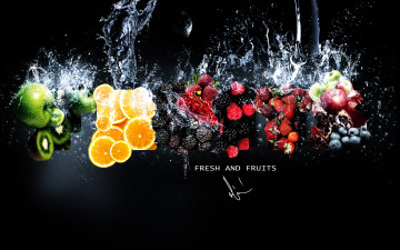 Картинка еда фрукты ягоды апельсин малина клубника киви яблоки брызги вода