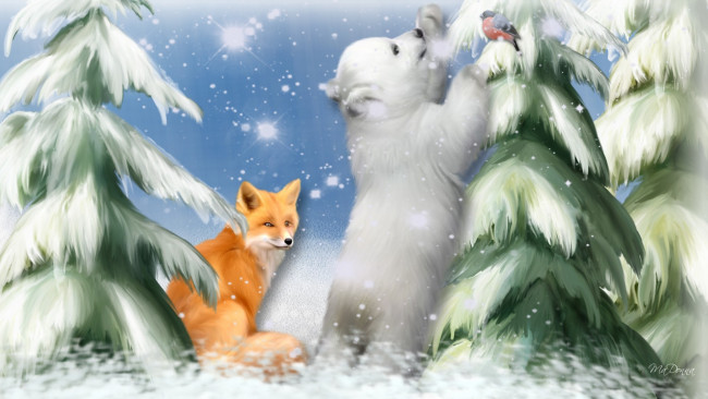 Обои картинки фото рисованные, животные, ели, снег