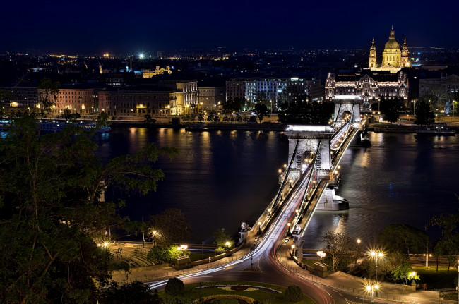 Обои картинки фото города, будапешт , венгрия, ночь, река, мост
