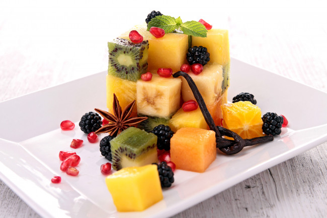 Обои картинки фото еда, фрукты,  ягоды, апельсин, киви, гранат, ежевика, мята, банан