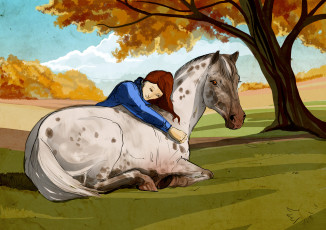 Картинка рисованное животные +лошади лошадь девочка