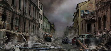 Картинка фэнтези иные+миры +иные+времена постапокалипсис город автомобили запустение разрушения