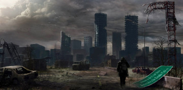 Картинка фэнтези иные+миры +иные+времена выживший постапокалипсис разрушения небоскребы мегаполис мужчина