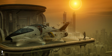 Картинка 3д+графика фантазия+ fantasy солнце город взгляд девушка космический корабль