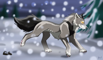 Картинка рисованное животные +волки снег волк зима