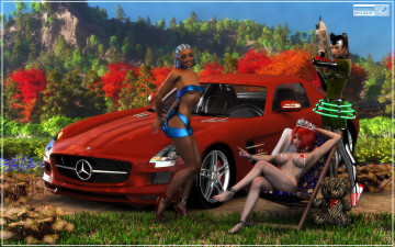 Картинка 3д+графика люди+ people природа купальник автомобиль фон взгляд девушки