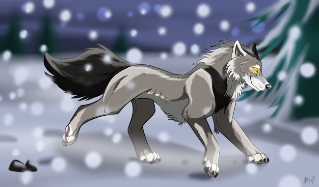 Обои картинки фото рисованное, животные,  волки, снег, волк, зима