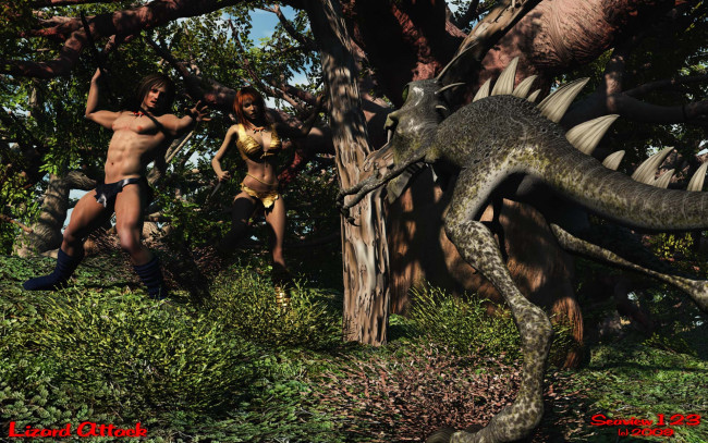 Обои картинки фото 3д графика, фантазия , fantasy, динозавр, лес, фон, девушка, мужчина