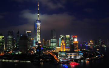 Картинка города шанхай+ китай шанхай город дома здания огни ночь река башня корабли