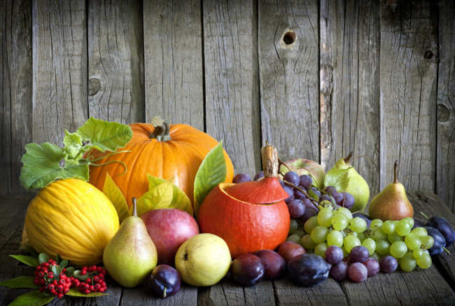 Обои картинки фото еда, фрукты и овощи вместе, рябина, виноград, сливы, груши, яблоки, тыква