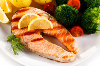 Картинка еда рыбные+блюда +с+морепродуктами брокколи лимон форель