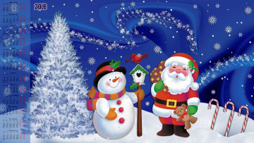 обоя календари, праздники,  салюты, 2018, елка, дед, мороз, снеговик