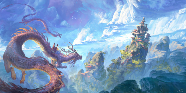 Обои картинки фото фэнтези, драконы, горы, рисунок, дракон, скалы, китай, world, fantasy