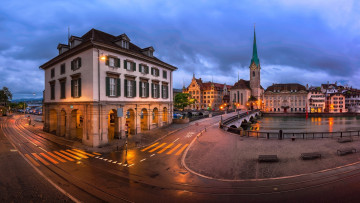 Картинка города цюрих+ швейцария огни вечер улица