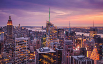 Картинка города нью-йорк+ сша закат панорама река огни здания дома