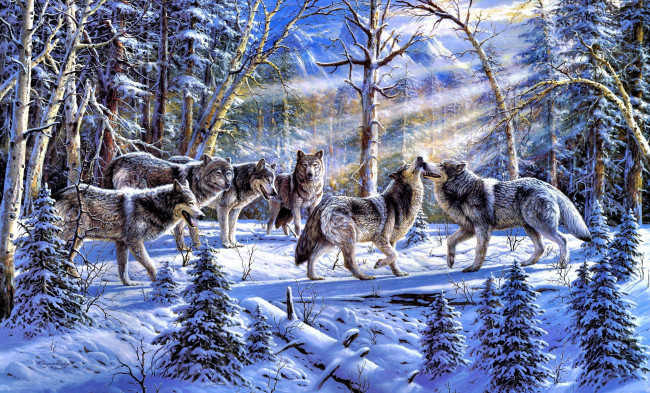 Обои картинки фото рисованное, животные,  волки, волки, стая, лес, снег, зима
