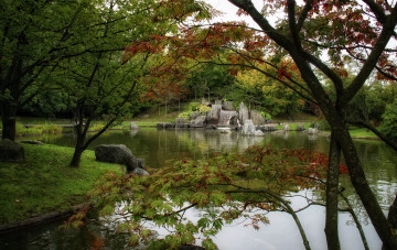 Картинка природа парк водоем водопады деревья камни