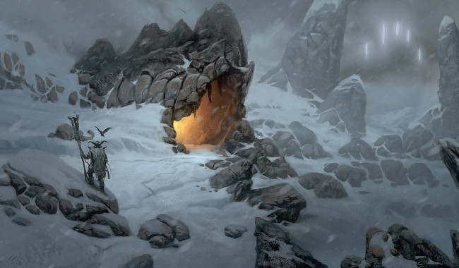 Обои картинки фото фэнтези, иные, миры, времена, горы, снег, пещера, огонь, викинг