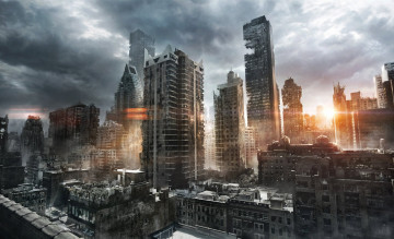 Картинка фэнтези иные+миры +иные+времена небоскребы закат мегаполис разрушения