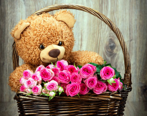 обоя цветы, розы, розовый, медвежонок, корзинка